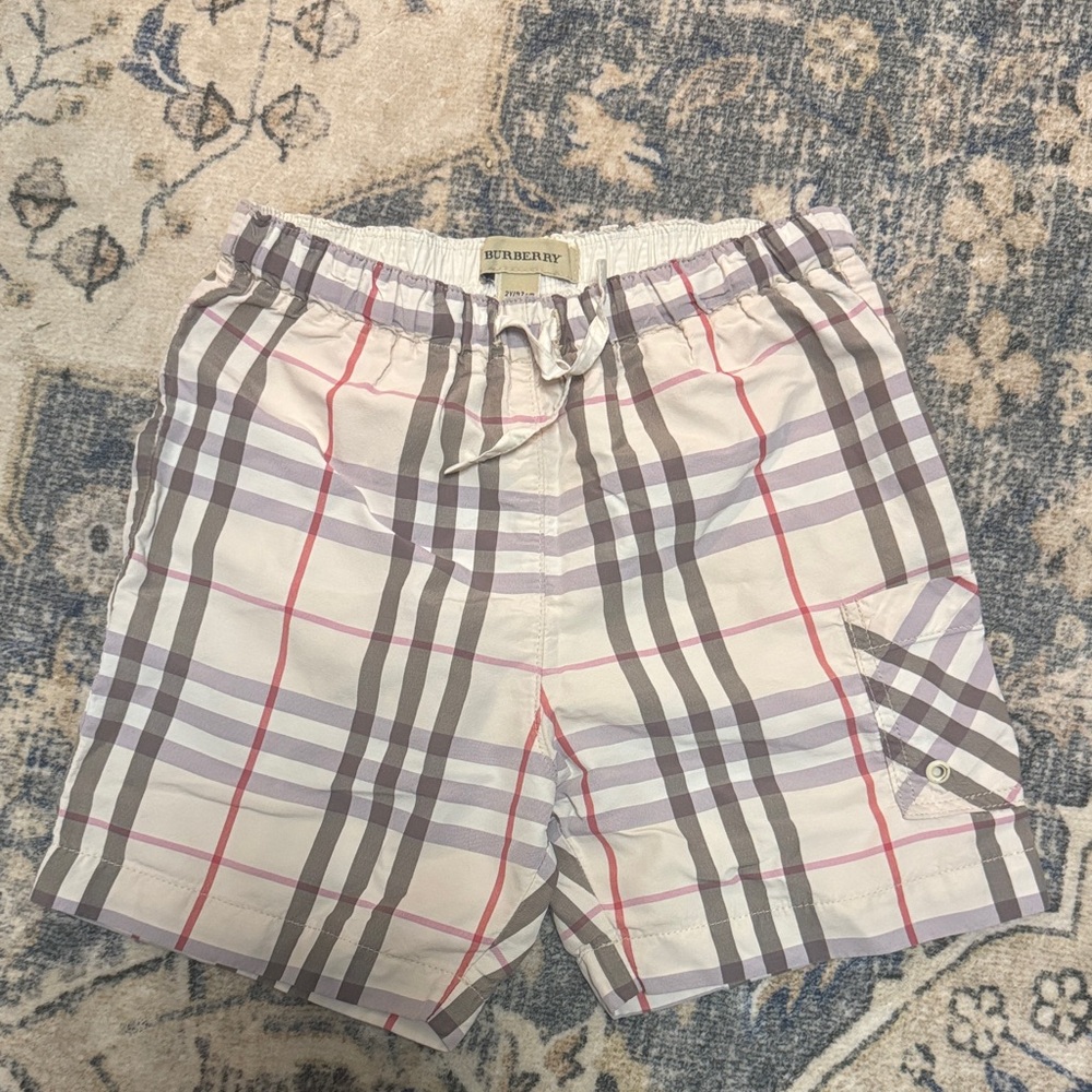 Burberry White Plaid Cargo Shorts with Gray and Red Accents